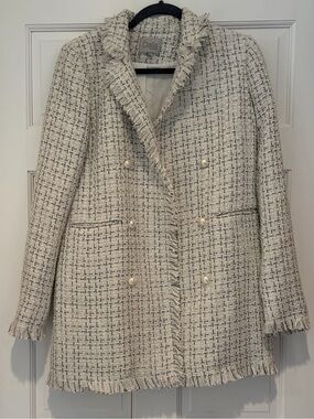 Dalia Cream Tweed Fringe Double-Breasted Blazer Jacket